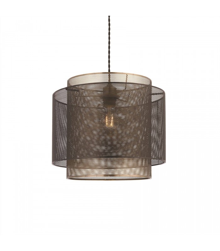 1 Light Cylindrical Pendant Matt Black Paint, Antique Brass Mesh , E27 - 1