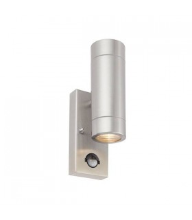 2 Light Outdoor PIR UP & Down Wall Light Marine Grade Brushed Stainless Steel, Glass IP44, GU10 - 1