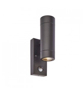 2 Light Outdoor PIR Up Down Wall Light Matt Black, Glass IP44, GU10 - 1