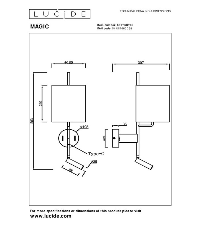 Magic Wall light - 1xE27 - With USB charging point - Black-10