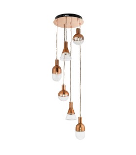 6 Light Spiral Cluster Pendant Copper Plated, Clear Glass, G4 Bulb - 1