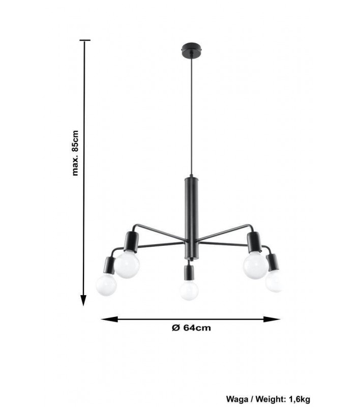 5 Light Multi Arm Ceiling Pendant Black, E27 - 3