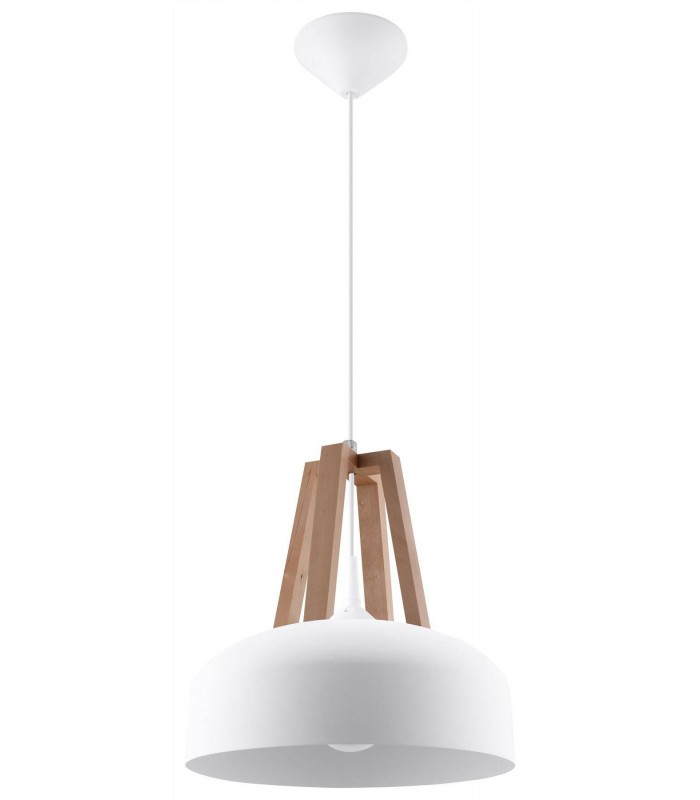 1 Light Dome Ceiling Pendant White, Natural Wood, E27 - 1