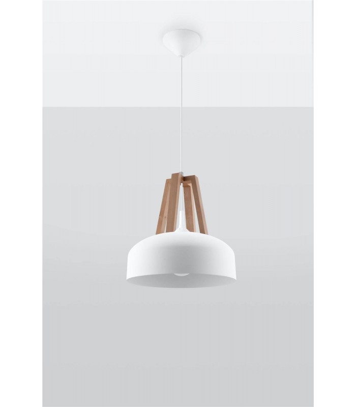 1 Light Dome Ceiling Pendant White, Natural Wood, E27 - 2
