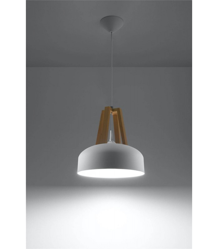 1 Light Dome Ceiling Pendant White, Natural Wood, E27 - 3