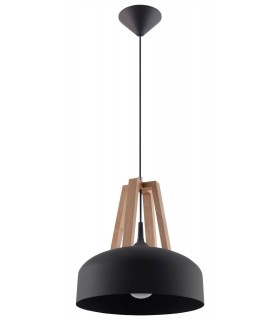 1 Light Dome Ceiling Pendant Black, Natural Wood, E27 - 1