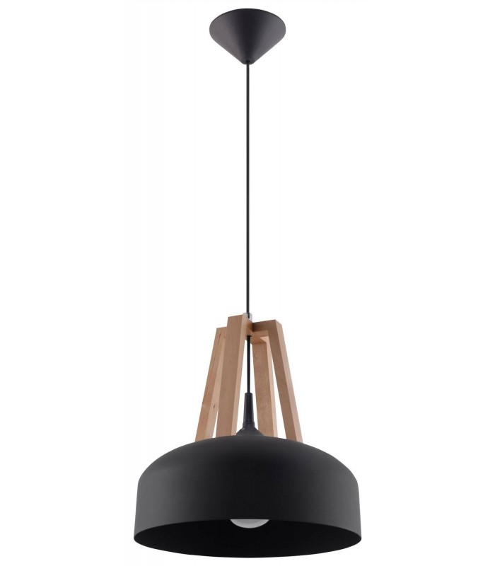 1 Light Dome Ceiling Pendant Black, Natural Wood, E27 - 1