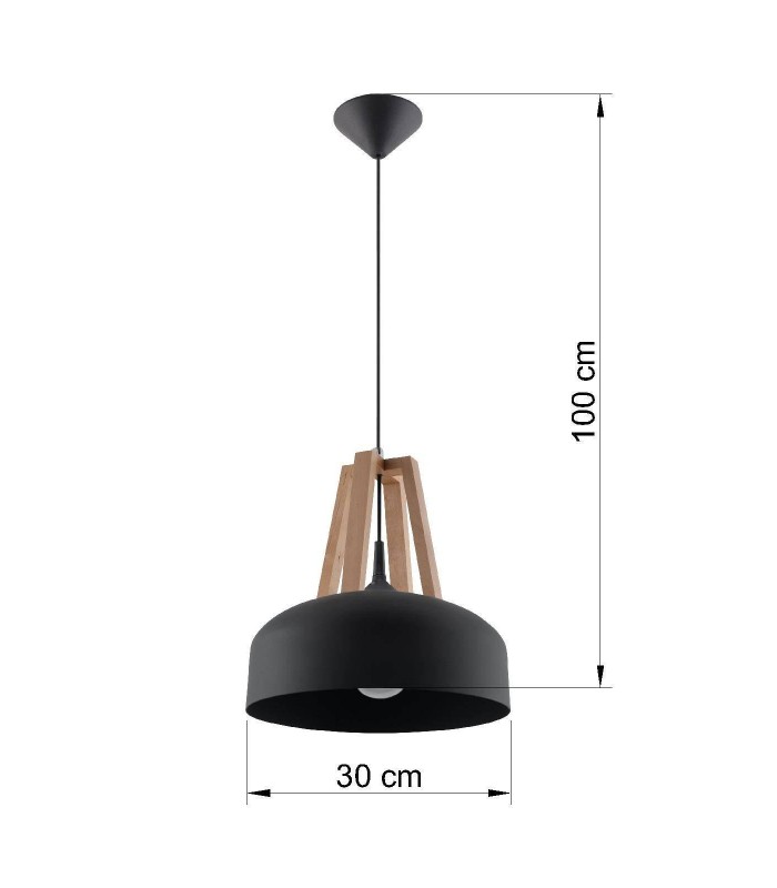1 Light Dome Ceiling Pendant Black, Natural Wood, E27 - 2