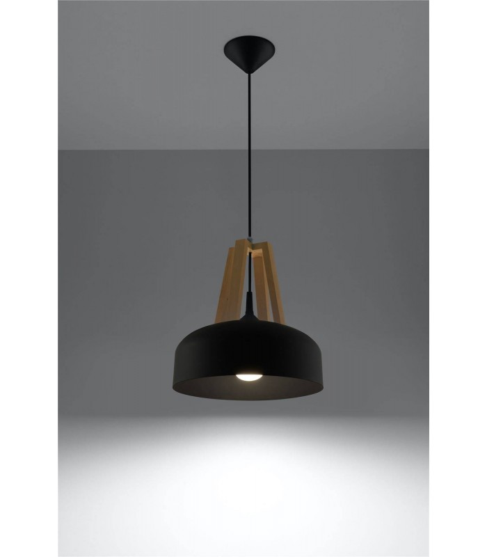 1 Light Dome Ceiling Pendant Black, Natural Wood, E27 - 3