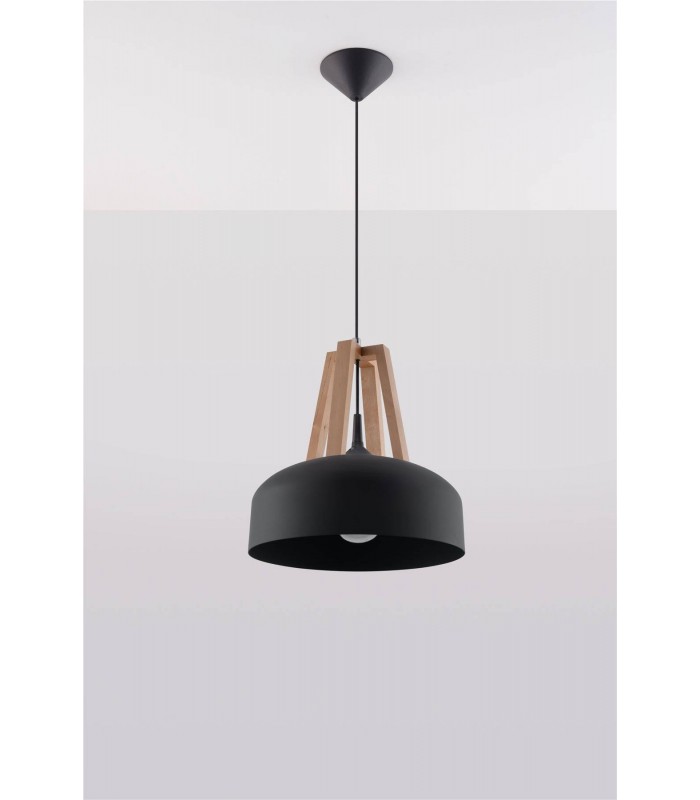 1 Light Dome Ceiling Pendant Black, Natural Wood, E27 - 4