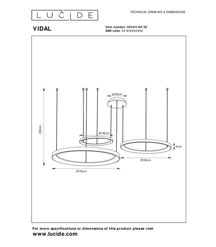 VIDAL - Pendant light - 78 cm - LED Dim. - 1x120W 2700K - Black-5