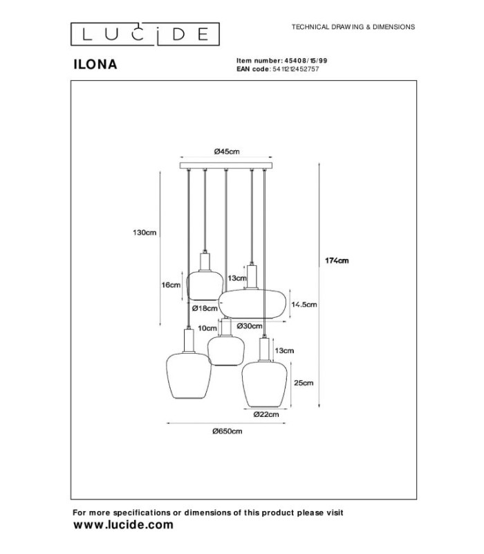 ILONA - Pendant light - 5xE27 - Black-7