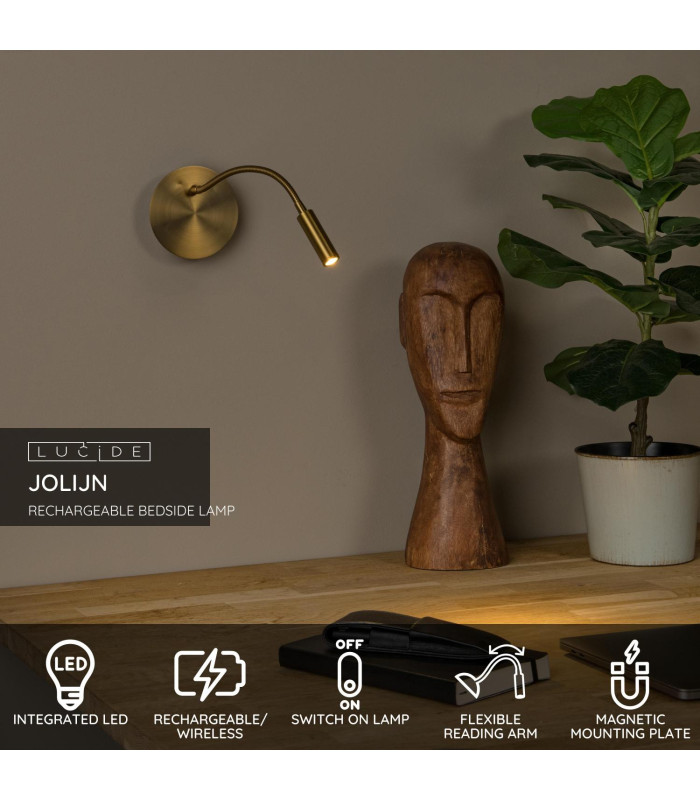 JOLIJN - Rechargeable Bedside lamp - Battery - 11 cm - LED - 1x2W 3000K - Magnetic System - Matt Gold-2