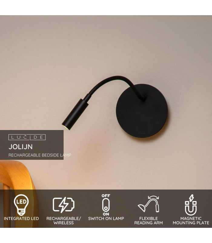 JOLIJN - Rechargeable Bedside lamp - Battery - 11 cm - LED - 1x2W 3000K - With magnetic mounting system - Black-3