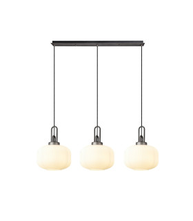 Yorktown Linear 3 Light Pendant E27 Aged Pewter/Matt Black 30cm Pumpkin Shaped Ribbed Opal Glass-1