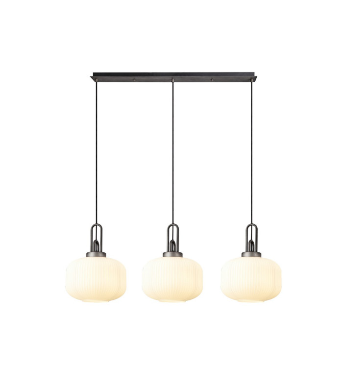 Yorktown Linear 3 Light Pendant E27 Aged Pewter/Matt Black 30cm Pumpkin Shaped Ribbed Opal Glass-1