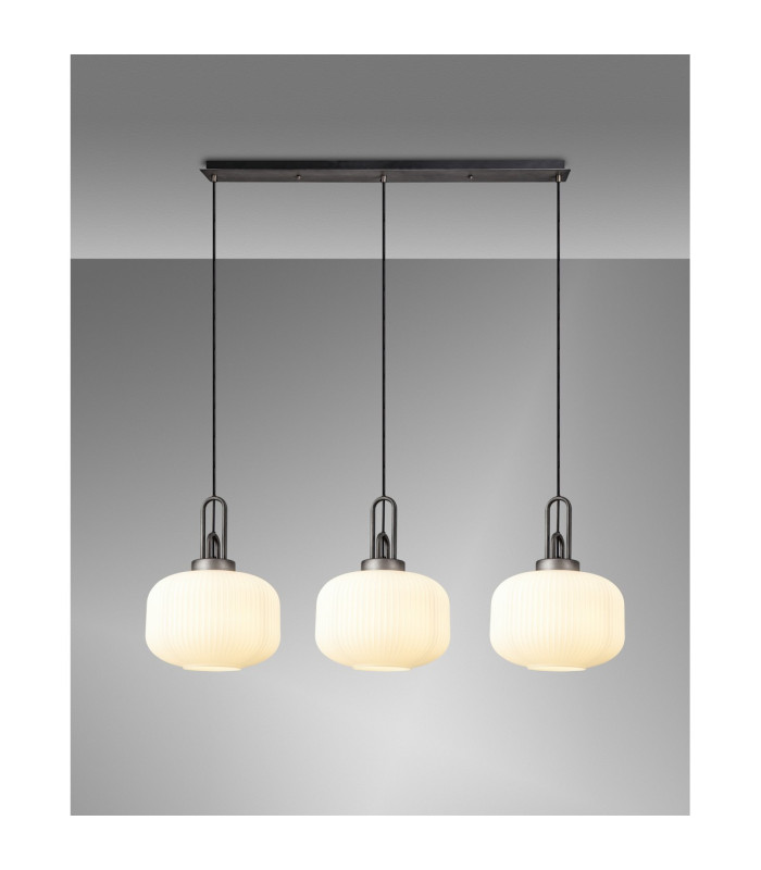 Yorktown Linear 3 Light Pendant E27 Aged Pewter/Matt Black 30cm Pumpkin Shaped Ribbed Opal Glass-3