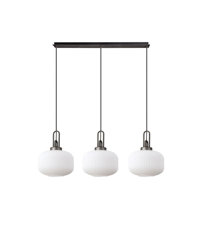 Yorktown Linear 3 Light Pendant E27 Aged Pewter/Matt Black 30cm Pumpkin Shaped Ribbed Opal Glass-4