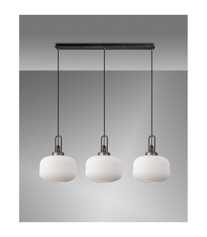 Yorktown Linear 3 Light Pendant E27 Aged Pewter/Matt Black 30cm Pumpkin Shaped Ribbed Opal Glass-11