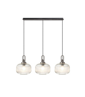 Yorktown Linear 3 Light Pendant E27 Aged Pewter/Matt Black 30cm Pumpkin Shaped Ribbed Clear Glass-1