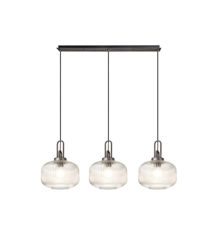 Yorktown Linear 3 Light Pendant E27 Aged Pewter/Matt Black 30cm Pumpkin Shaped Ribbed Clear Glass-1