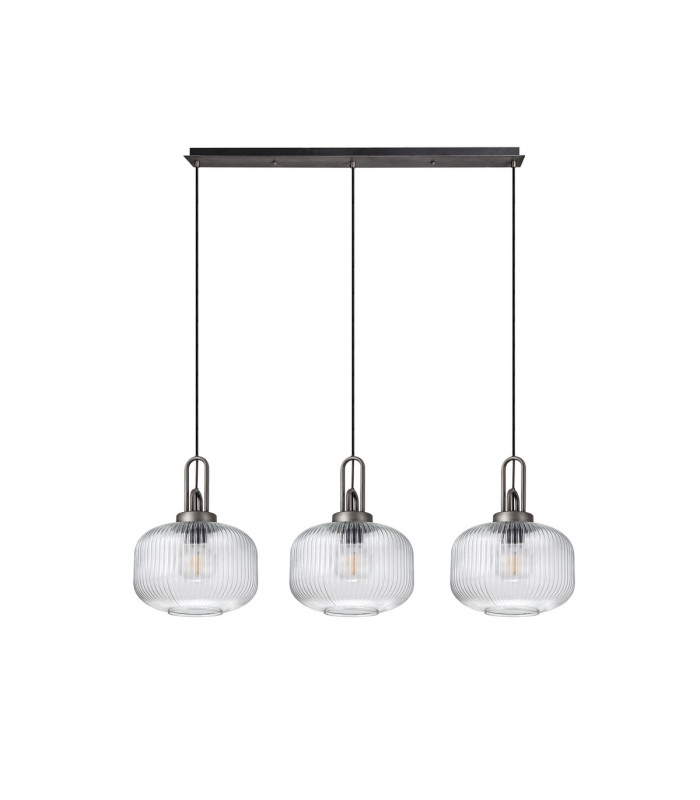 Yorktown Linear 3 Light Pendant E27 Aged Pewter/Matt Black 30cm Pumpkin Shaped Ribbed Clear Glass-4