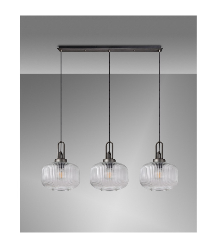 Yorktown Linear 3 Light Pendant E27 Aged Pewter/Matt Black 30cm Pumpkin Shaped Ribbed Clear Glass-11