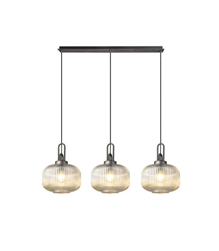 Yorktown Linear 3 Light Pendant E27 Aged Pewter/Matt Black 30cm Pumpkin Shaped Ribbed Champagne Glass-1