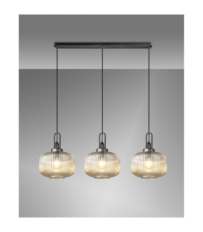 Yorktown Linear 3 Light Pendant E27 Aged Pewter/Matt Black 30cm Pumpkin Shaped Ribbed Champagne Glass-3