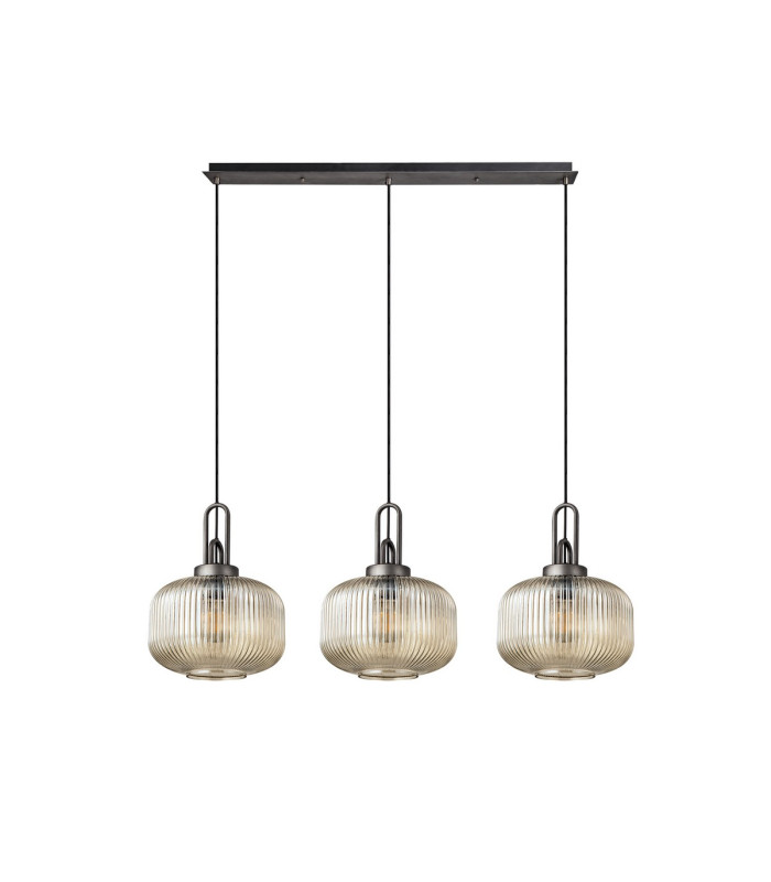 Yorktown Linear 3 Light Pendant E27 Aged Pewter/Matt Black 30cm Pumpkin Shaped Ribbed Champagne Glass-4