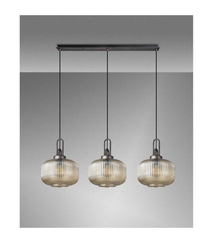 Yorktown Linear 3 Light Pendant E27 Aged Pewter/Matt Black 30cm Pumpkin Shaped Ribbed Champagne Glass-11