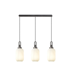 Yorktown Linear 3 Light Pendant 20cm Tubular Ribbed Glass Aged Pewter/Matt Black Opal-1