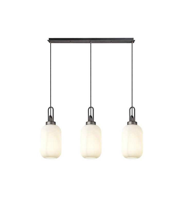 Yorktown Linear 3 Light Pendant 20cm Tubular Ribbed Glass Aged Pewter/Matt Black Opal-1
