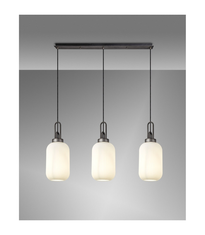 Yorktown Linear 3 Light Pendant 20cm Tubular Ribbed Glass Aged Pewter/Matt Black Opal-3