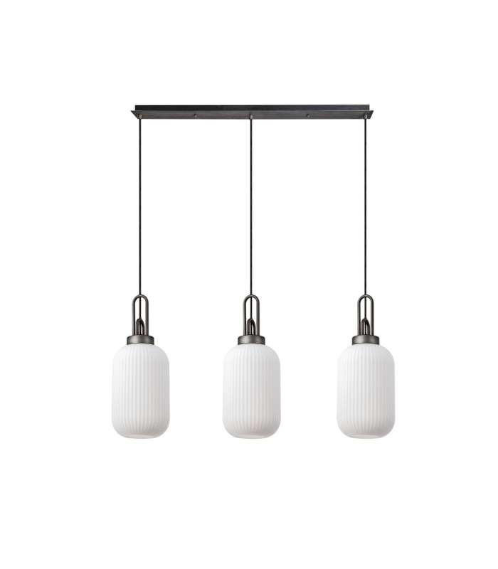Yorktown Linear 3 Light Pendant 20cm Tubular Ribbed Glass Aged Pewter/Matt Black Opal-4