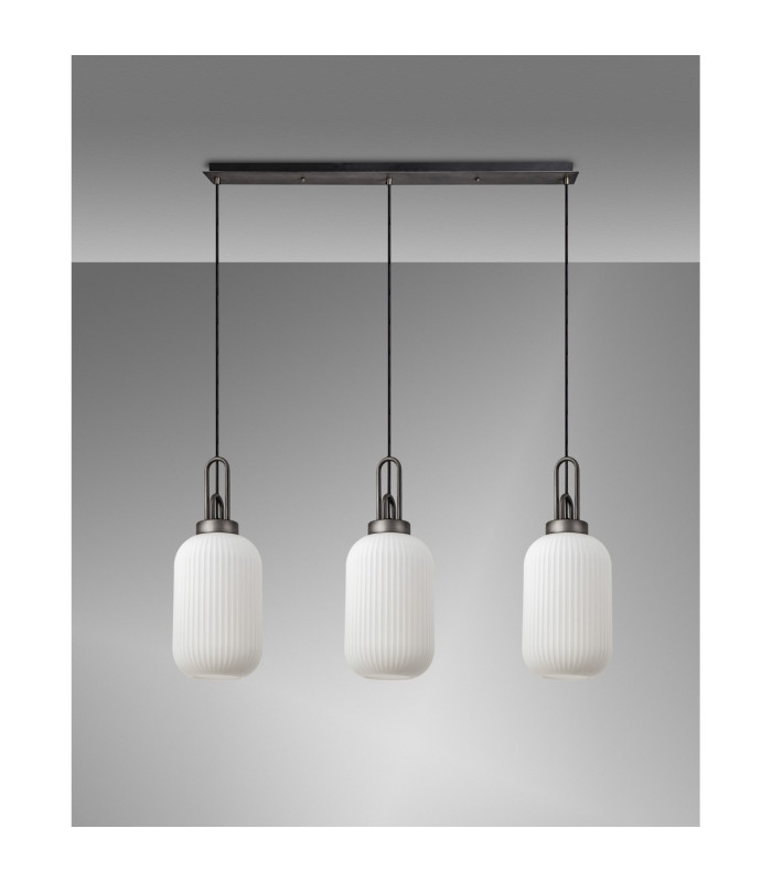 Yorktown Linear 3 Light Pendant 20cm Tubular Ribbed Glass Aged Pewter/Matt Black Opal-10
