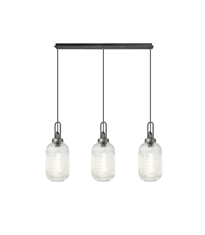Yorktown Linear 3 Light Pendant 20cm Tubular Ribbed Glass Aged Pewter/Matt Black Clear-1