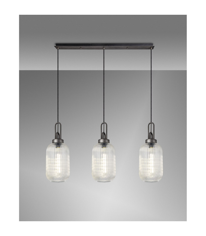Yorktown Linear 3 Light Pendant 20cm Tubular Ribbed Glass Aged Pewter/Matt Black Clear-3