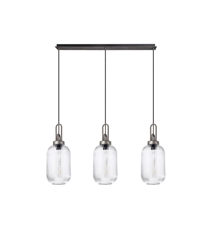 Yorktown Linear 3 Light Pendant 20cm Tubular Ribbed Glass Aged Pewter/Matt Black Clear-4