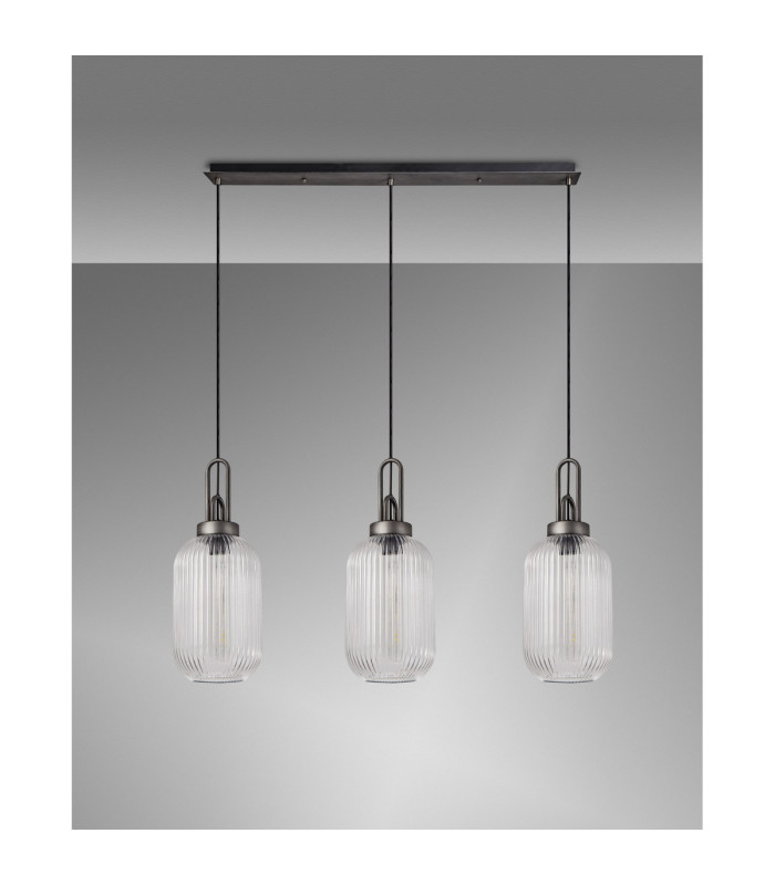 Yorktown Linear 3 Light Pendant 20cm Tubular Ribbed Glass Aged Pewter/Matt Black Clear-11