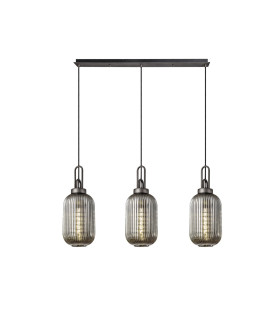 Yorktown Linear 3 Light Pendant 20cm Tubular Ribbed Glass Aged Pewter/Matt Black Smoked-1
