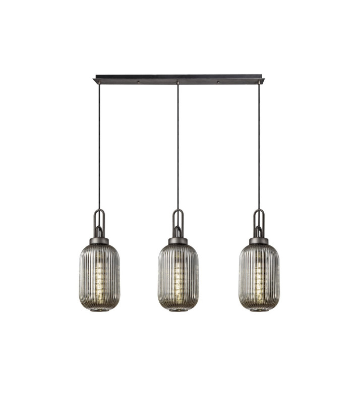 Yorktown Linear 3 Light Pendant 20cm Tubular Ribbed Glass Aged Pewter/Matt Black Smoked-1