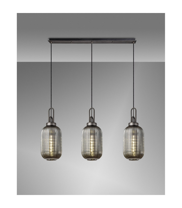 Yorktown Linear 3 Light Pendant 20cm Tubular Ribbed Glass Aged Pewter/Matt Black Smoked-3