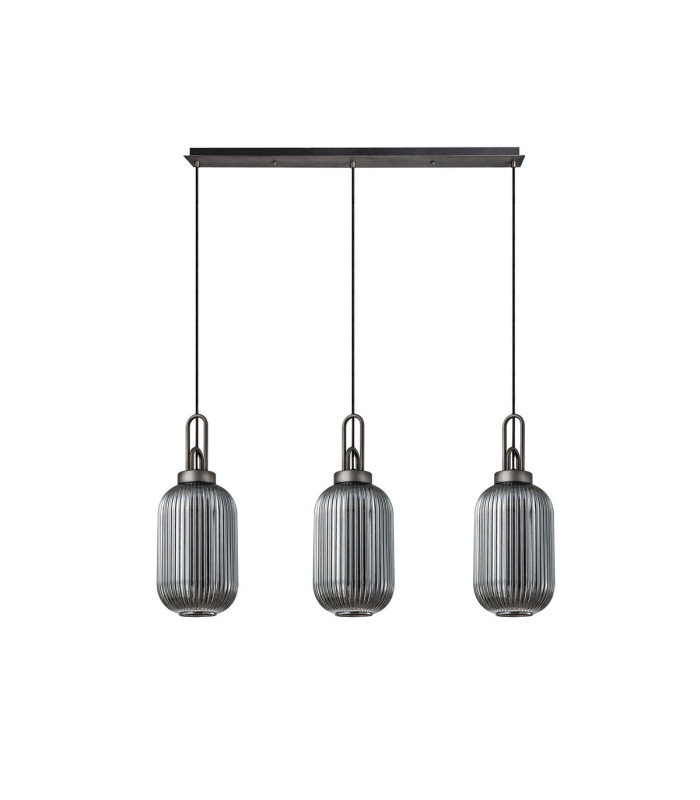 Yorktown Linear 3 Light Pendant 20cm Tubular Ribbed Glass Aged Pewter/Matt Black Smoked-4