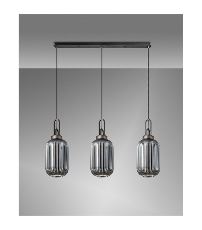 Yorktown Linear 3 Light Pendant 20cm Tubular Ribbed Glass Aged Pewter/Matt Black Smoked-11