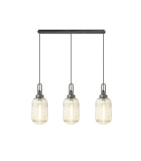 Yorktown Linear 3 Light Pendant 20cm Tubular Ribbed Glass Aged Pewter/Matt Black Champagne-1