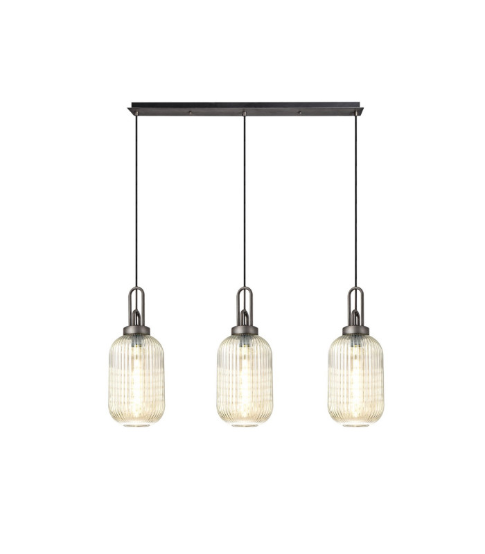 Yorktown Linear 3 Light Pendant 20cm Tubular Ribbed Glass Aged Pewter/Matt Black Champagne-1