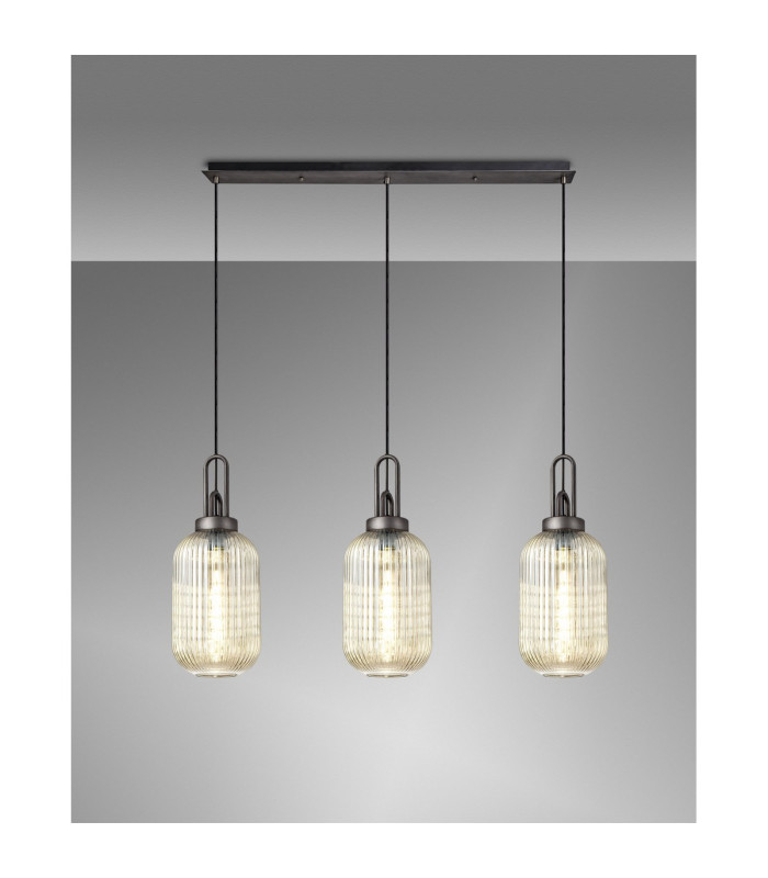 Yorktown Linear 3 Light Pendant 20cm Tubular Ribbed Glass Aged Pewter/Matt Black Champagne-3
