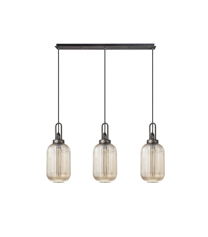 Yorktown Linear 3 Light Pendant 20cm Tubular Ribbed Glass Aged Pewter/Matt Black Champagne-4