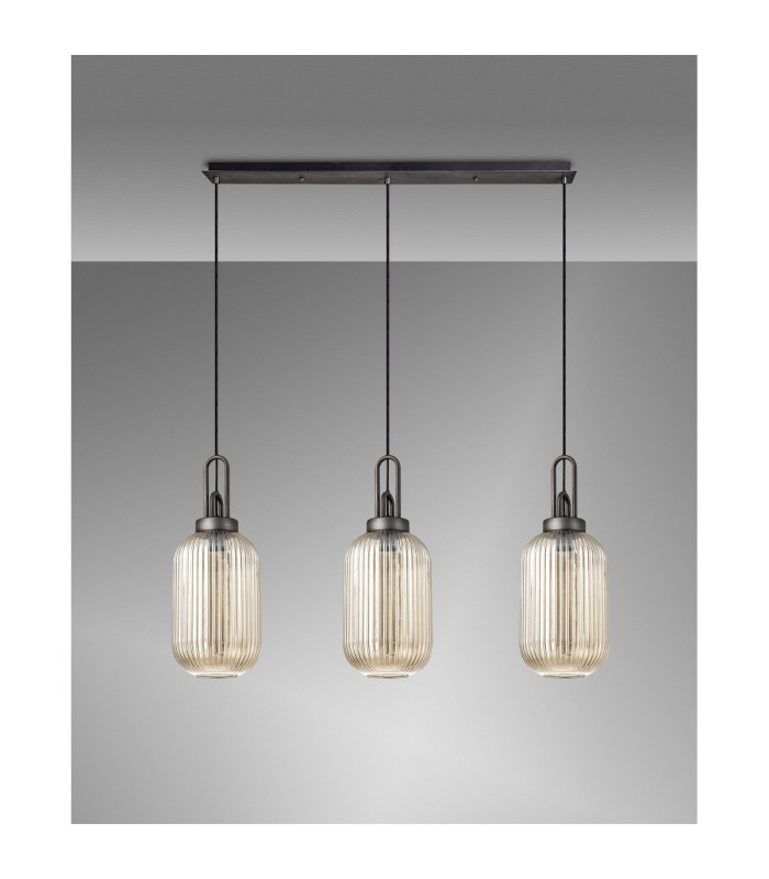 Yorktown Linear 3 Light Pendant 20cm Tubular Ribbed Glass Aged Pewter/Matt Black Champagne-11